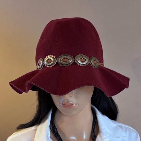 Bad Bones Burgundy Wool Felt Boho Concho Floppy Hat - Picture 4 of 12